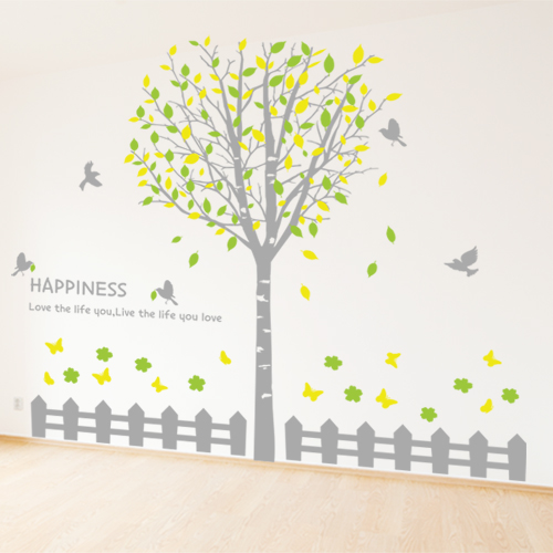 그래픽스티커 ps132-울타리나무아래서/나무/자연/나뭇가지/나뭇잎/꽃/나비/새/레터링/행복/울타리/데코/인테리어