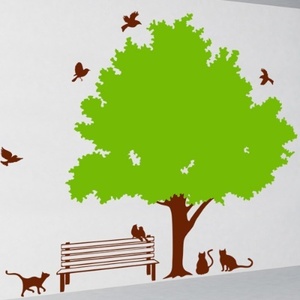 그래픽스티커[아방스] ij087-나무아래 휴식 취하는 고양이와 새들