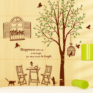 그래픽스티커[아방스] cj129-나무 아래에서 커피한잔/나무/나뭇잎/새/새장/창문/레터링/고양이/의자/테이블