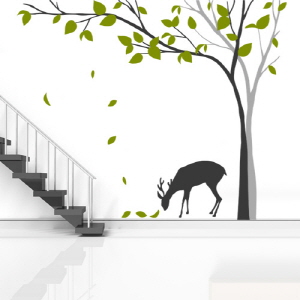그래픽스티커 cb015-사슴이쉬어가는나무/나무/사슴/자연/숲속/모던/일러스트/인테리어