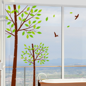 그래픽스티커 ib038-푸른나뭇잎이흩날리는나무/나무/자연/새/나뭇잎/일러스트/인테리어/데코