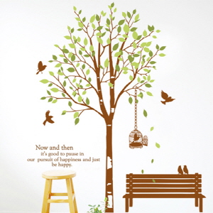 그래픽스티커 ps133-벤치에서쉴수있는나무/나무/자연/새/새장/벤치/레터링/나뭇가지/나뭇잎/인테리어/데코
