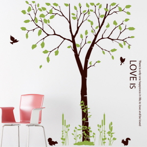 그래픽스티커 ps134-다람쥐가쉬고가는나무/자연/나무/줄기/잎/잎사귀/나뭇가지/레터링/새/다람쥐/인테리어/데코