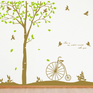 그래픽스티커 ps136-자전거가있는나무/자연/나무/자전거/레터링/나뭇가지/나뭇잎/잎사귀/새/인테리어/데코/스티커/풀/