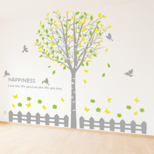 그래픽스티커 ps132-울타리나무아래서/나무/자연/나뭇가지/나뭇잎/꽃/나비/새/레터링/행복/울타리/데코/인테리어